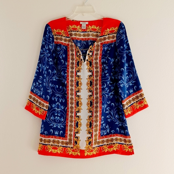 Cache Tops - CACHE Blue & Red Blouse with Chains, size S